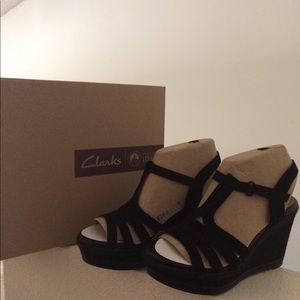 Clarks Black Suede Wedges NIB